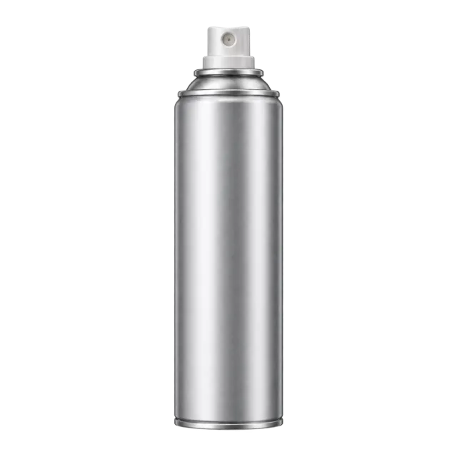 Realistic-style illustration of dry shampoo aerosol can with blank silver body