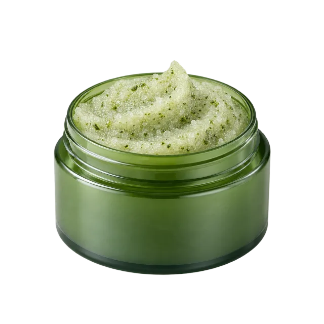 Realistic-style illustration of scalp scrub in open green jar