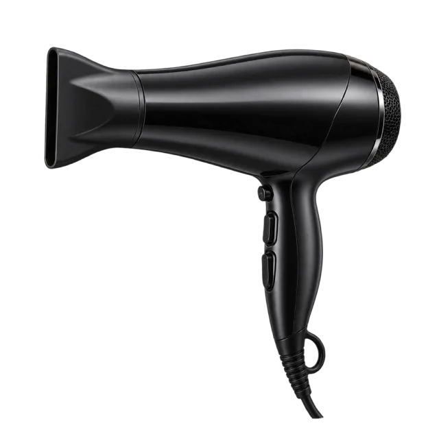 Realistic-style illustration of black salon hair dryer with concentrator nozzle