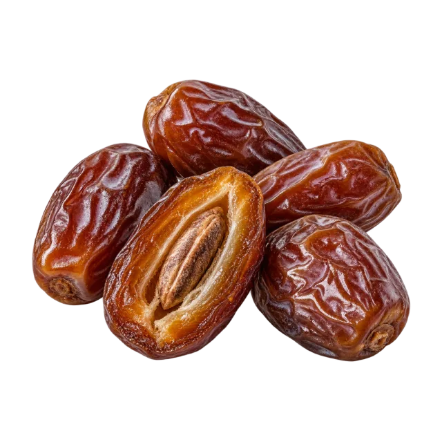 Wrinkled brown dates with one split open to reveal its center