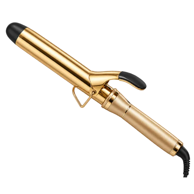 Realistic-style illustration of gold curling iron with clamp