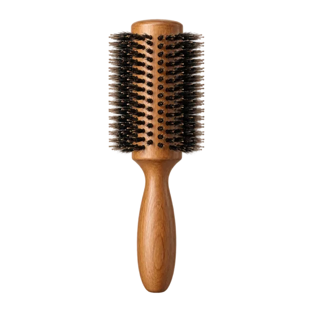 Realistic-style illustration of round wooden blow dry hair brush