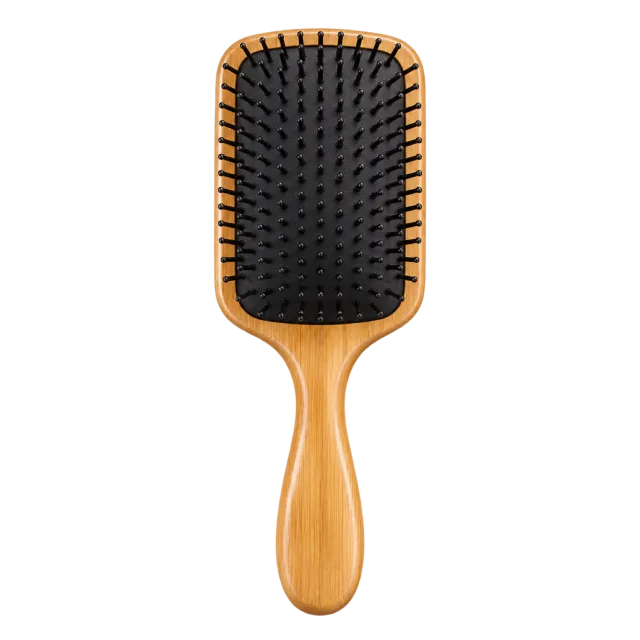 Realistic-style illustration of wide paddle hair brush with black cushion