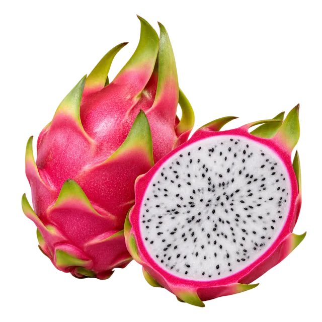 A pink dragon fruit with green scales beside a half filled with white flesh and black seeds