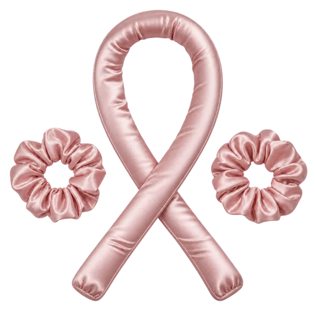 Realistic-style illustration of heatless satin curling rod with two scrunchies