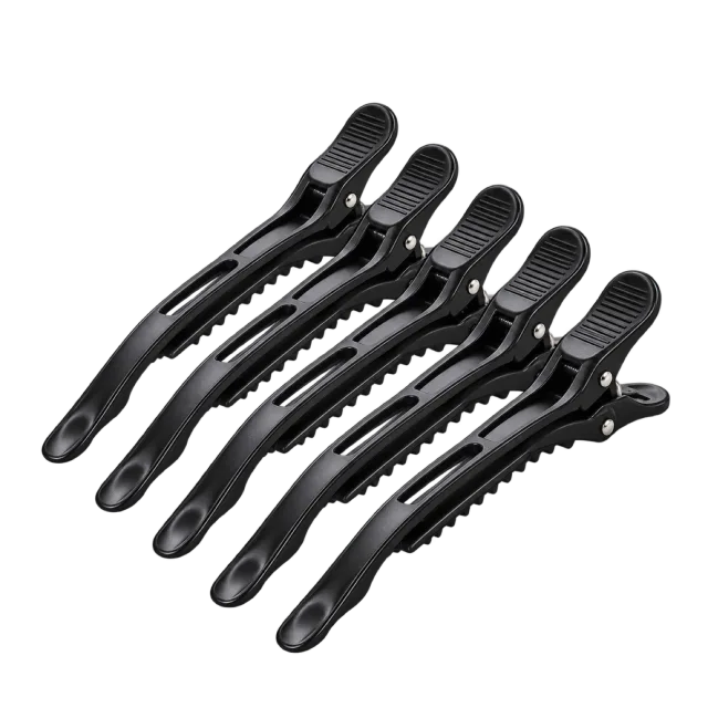 Realistic-style illustration of black salon hair sectioning clips set