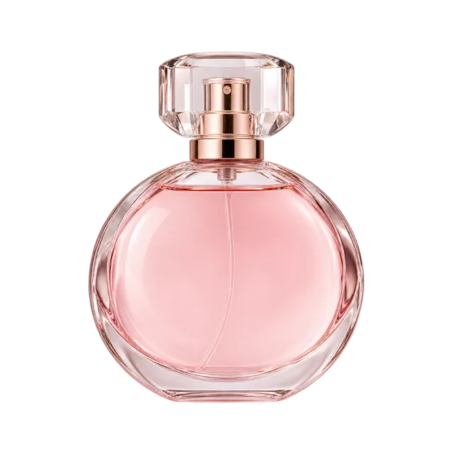 Realistic-style illustration of round clear perfume bottle with pale pink fragrance