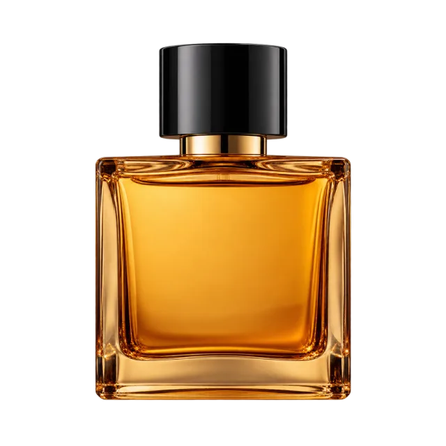 Realistic-style illustration of square amber perfume bottle with black cap