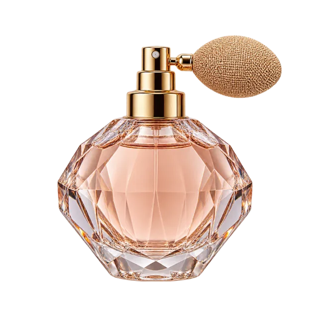 Realistic-style illustration of faceted perfume bottle with atomizer