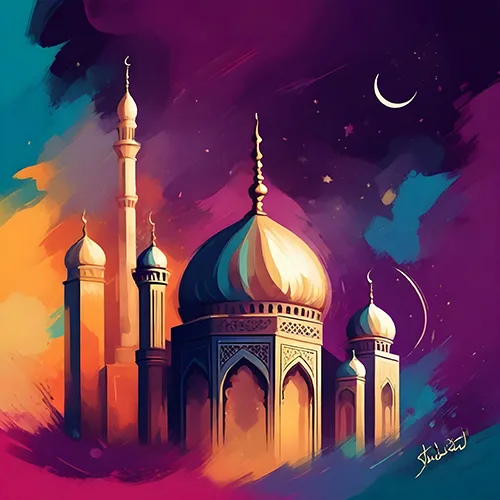 Illustrated mosque with glowing golden domes against a purple and orange sky