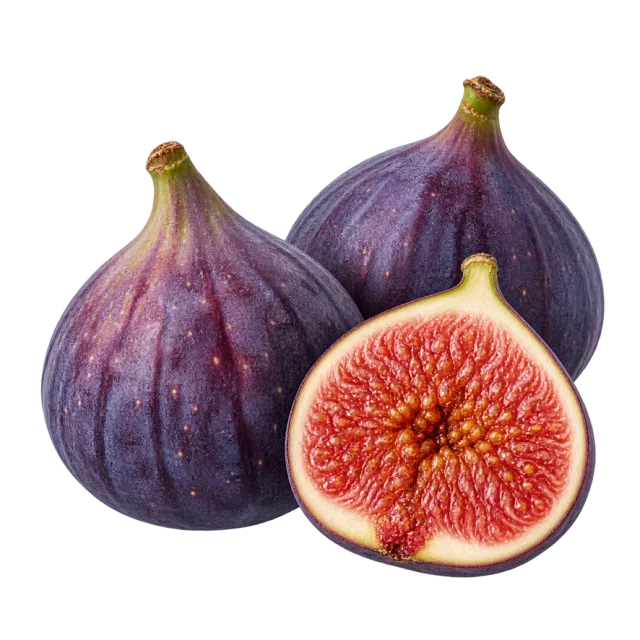 Purple figs with stems and a cut half showing a densely seeded pink center