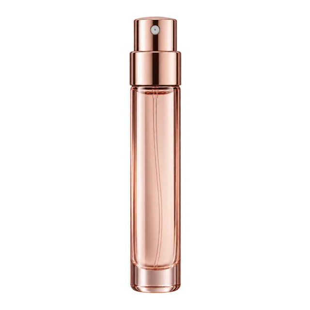 Realistic-style illustration of slim travel perfume spray in rose gold