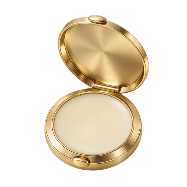 Realistic-style illustration of solid perfume in open brass compact