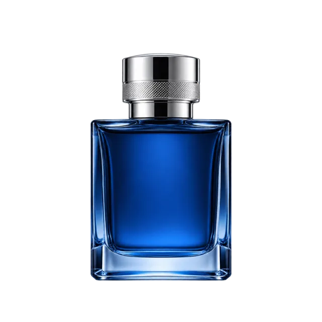 Realistic-style illustration of blue cologne bottle with silver cap