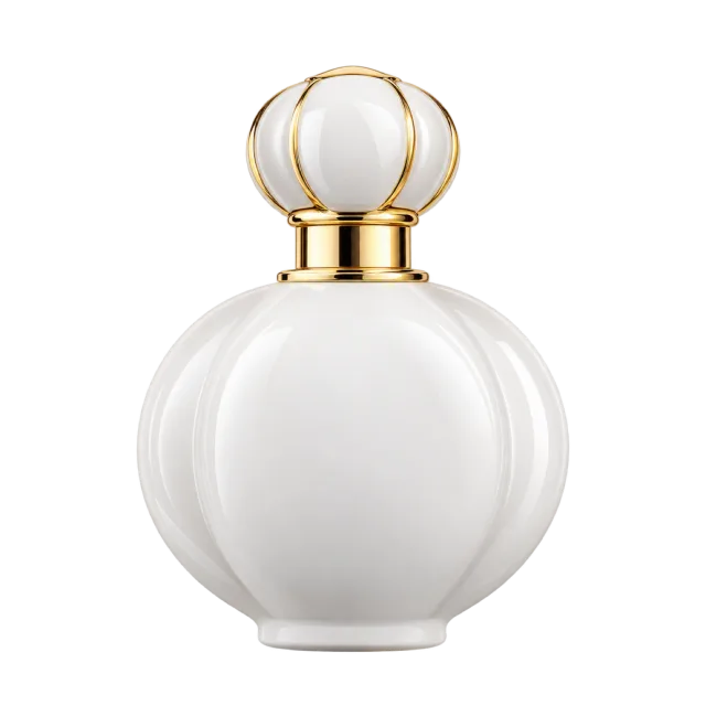 Realistic-style illustration of white ceramic perfume bottle with gold collar