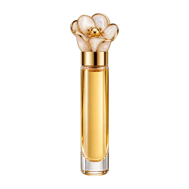 Realistic-style illustration of perfume oil rollerball bottle with floral cap