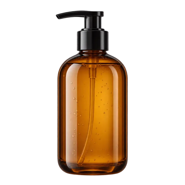 Realistic-style illustration of amber body wash pump bottle