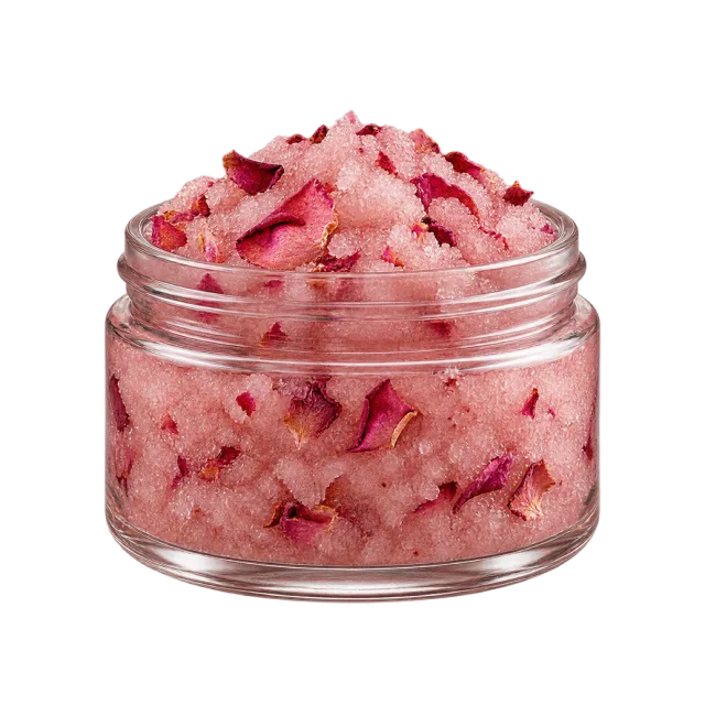 Realistic-style illustration of rose sugar body scrub in glass jar
