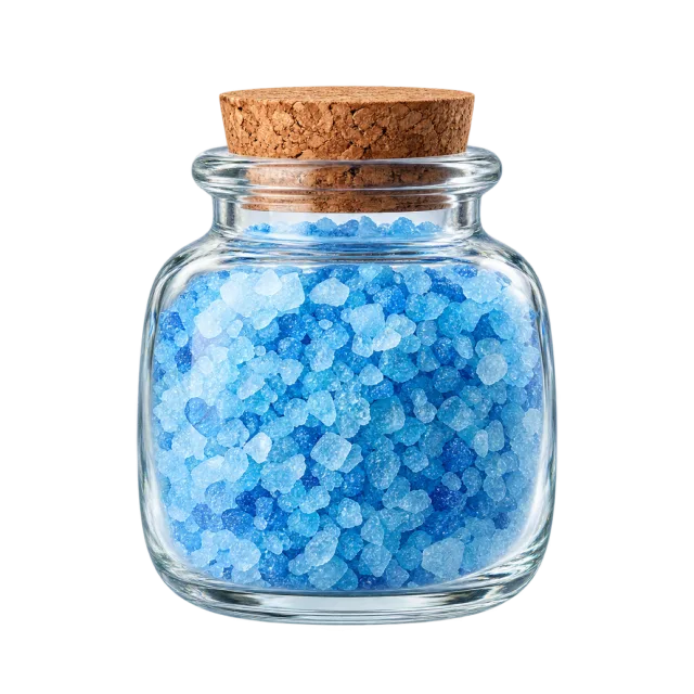 Realistic-style illustration of blue bath salt in corked glass jar