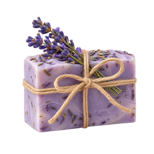 Realistic-style illustration of lavender decorated soap tied with twine