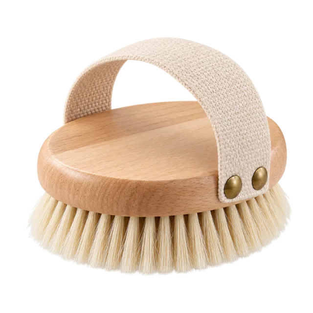 Realistic-style illustration of wooden dry body brush with hand strap