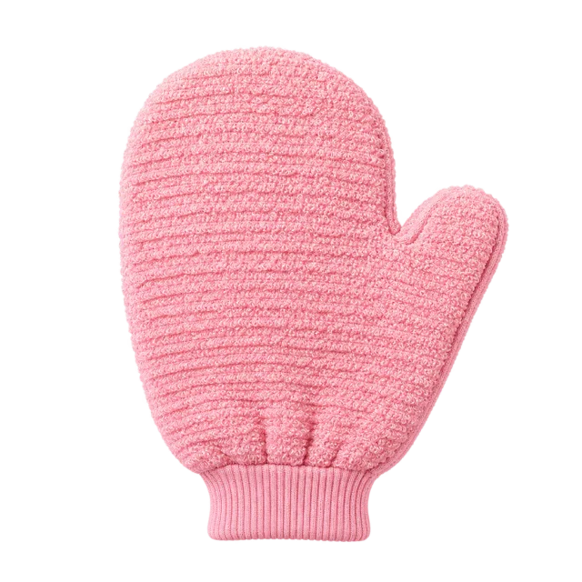 Realistic-style illustration of pink exfoliating bath mitt