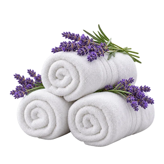Realistic-style illustration of rolled white spa towels with lavender sprigs
