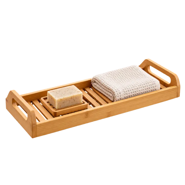 Realistic-style illustration of bamboo bath tray with small soap and folded cloth