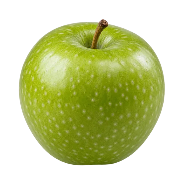 A whole bright green apple with pale speckles and a short brown stem