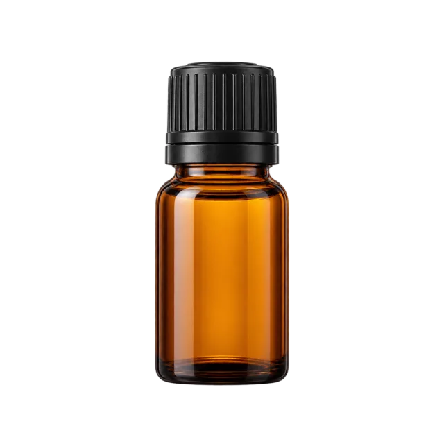 Realistic-style illustration of small amber essential oil bottle with cap