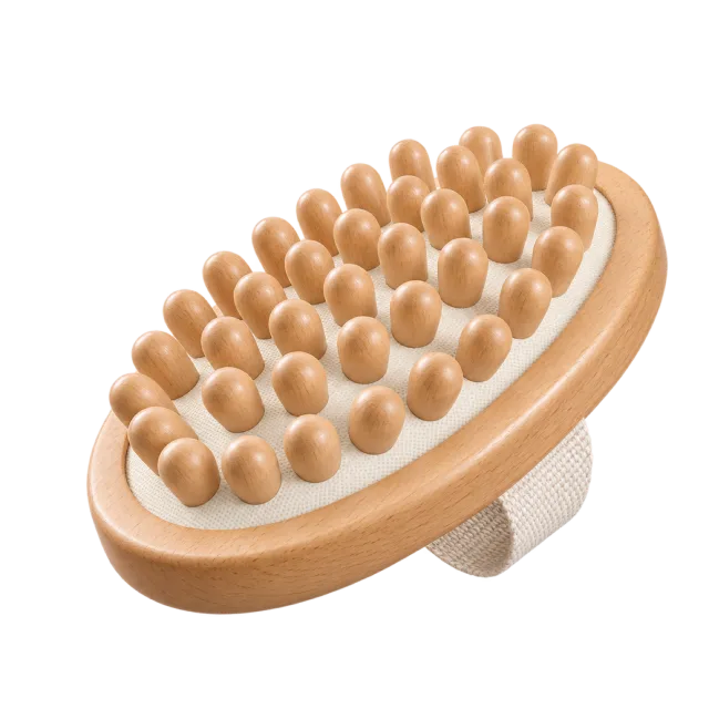 Realistic-style illustration of wooden massage brush with round knobs