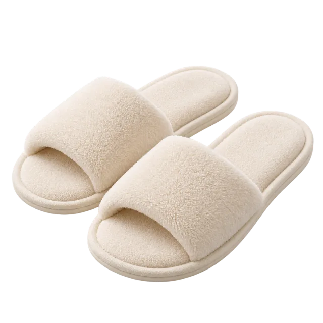 Realistic-style illustration of cream spa slippers pair