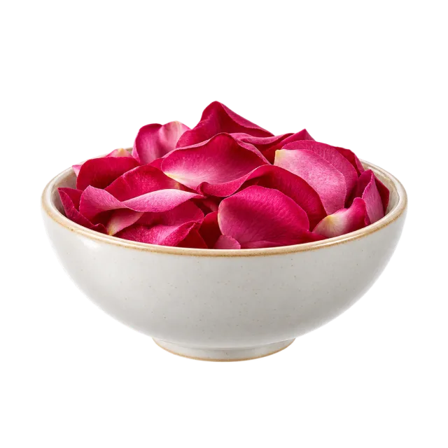 Realistic-style illustration of small ceramic bowl of rose petals