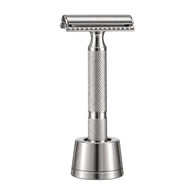 Realistic-style illustration of silver safety razor with stand