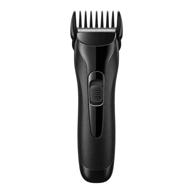 Realistic-style illustration of black electric trimmer with comb guard