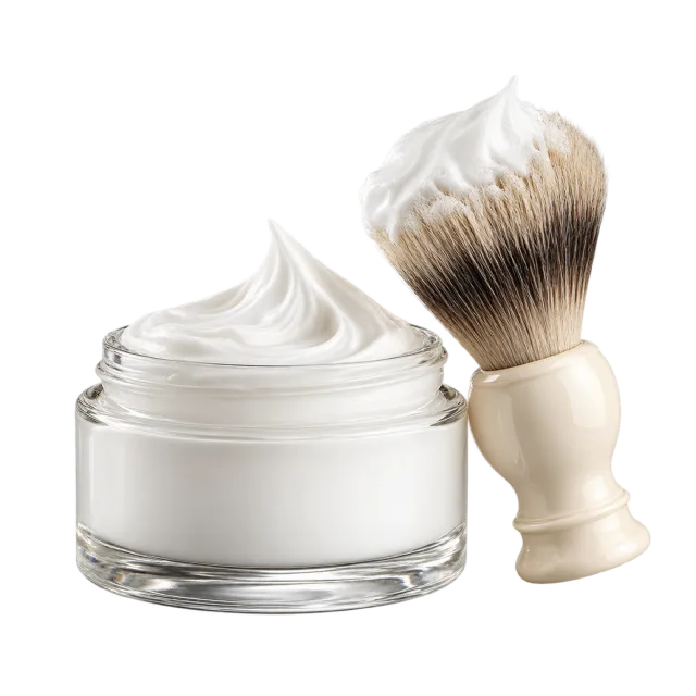 Realistic-style illustration of white shaving cream in open jar and brush