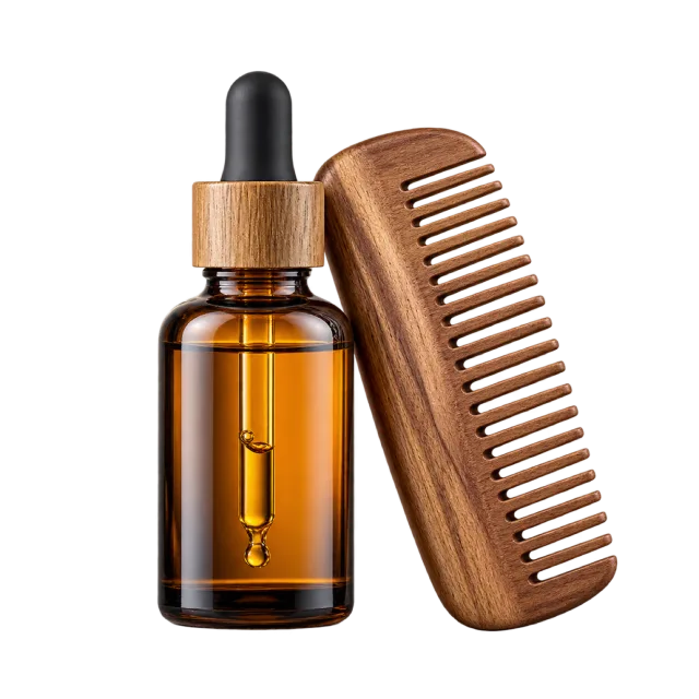 Realistic-style illustration of beard oil bottle with wooden comb