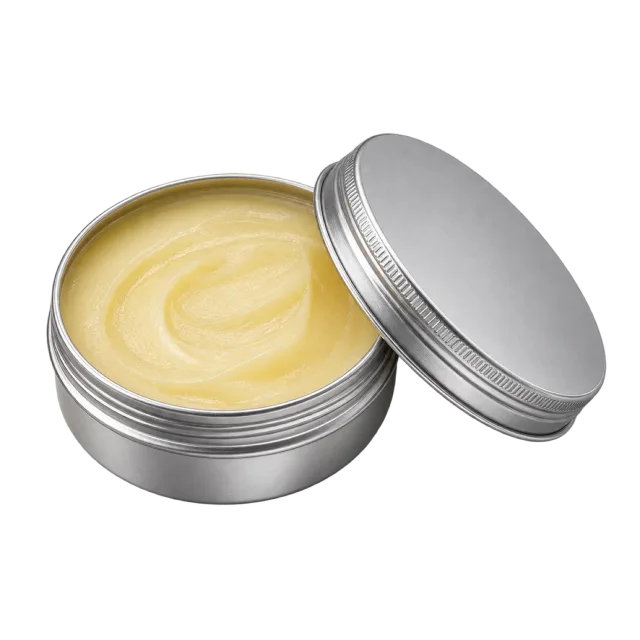Realistic-style illustration of small beard balm tin open