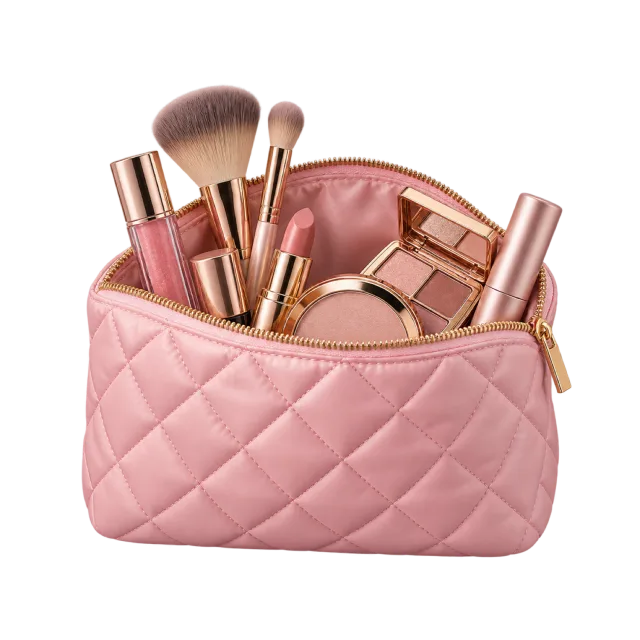 Realistic-style illustration of pink quilted cosmetic pouch open with makeup