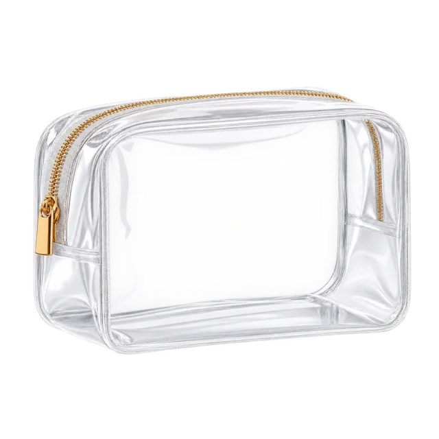 Realistic-style illustration of clear zippered travel cosmetic bag