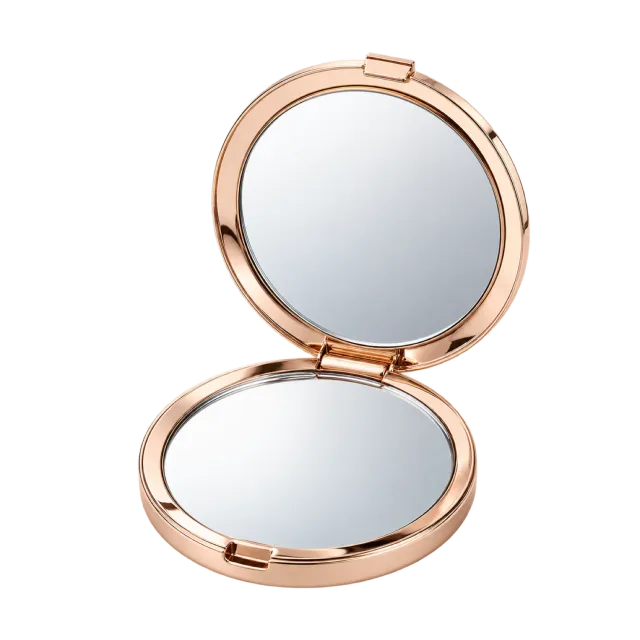 Realistic-style illustration of round compact mirror open