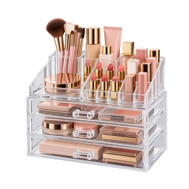 Realistic-style illustration of acrylic makeup organizer with lipstick compartments