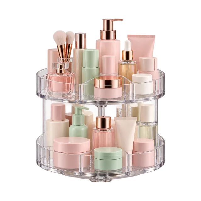Realistic-style illustration of rotating skincare organizer with pastel bottles