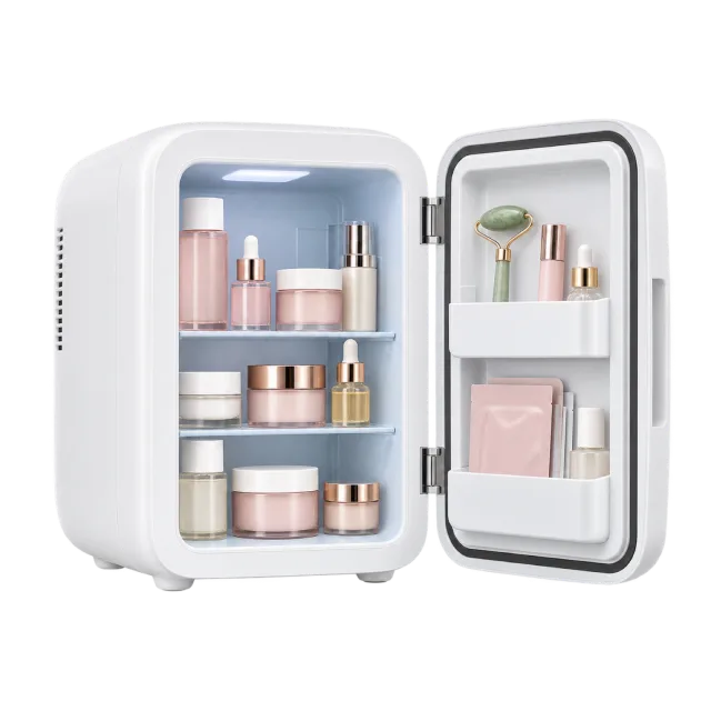 Realistic-style illustration of white beauty mini fridge with door open