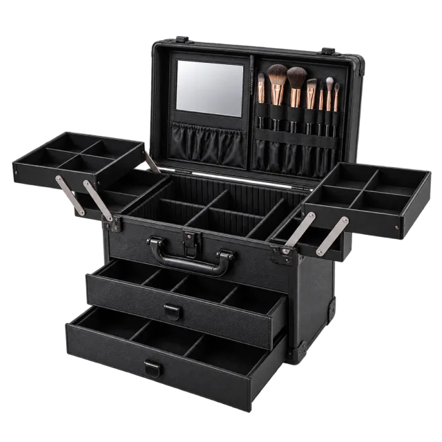 Realistic-style illustration of open black makeup train case