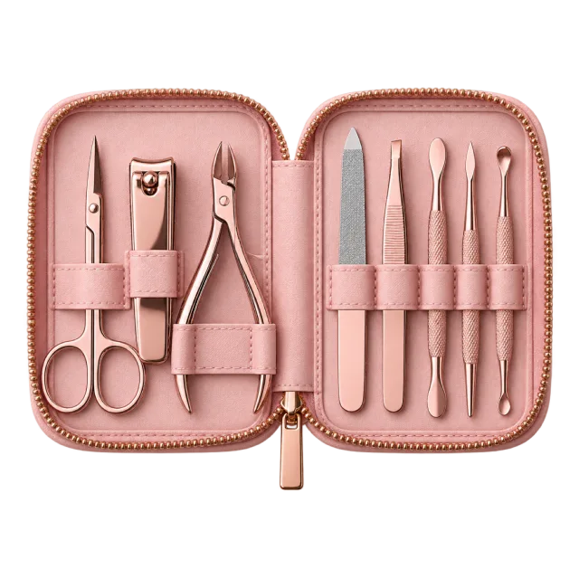 Realistic-style illustration of pink manicure kit in zippered case