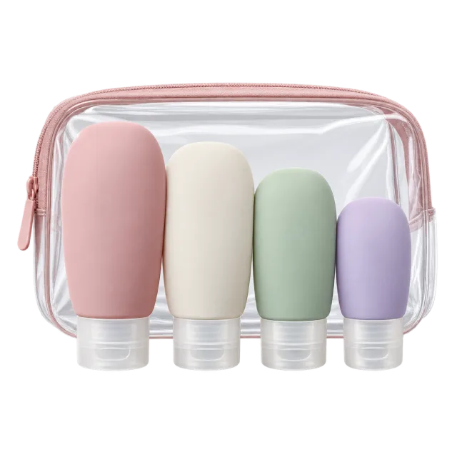 Realistic-style illustration of silicone travel toiletry bottles set in pouch