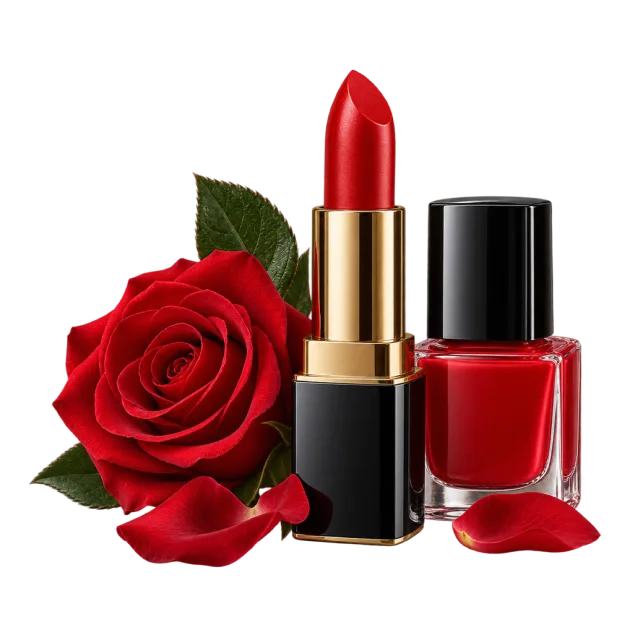 Realistic-style illustration of red lipstick with matching nail polish and rose