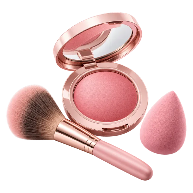 Realistic-style illustration of pink blush compact with brush and makeup sponge