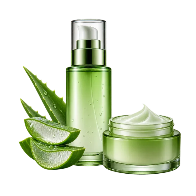 Realistic-style illustration of green skincare bottle and cream jar with aloe leaf